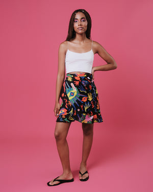 Art Print Wrap Midi Skirt with Belt – Unique Illustrated Design