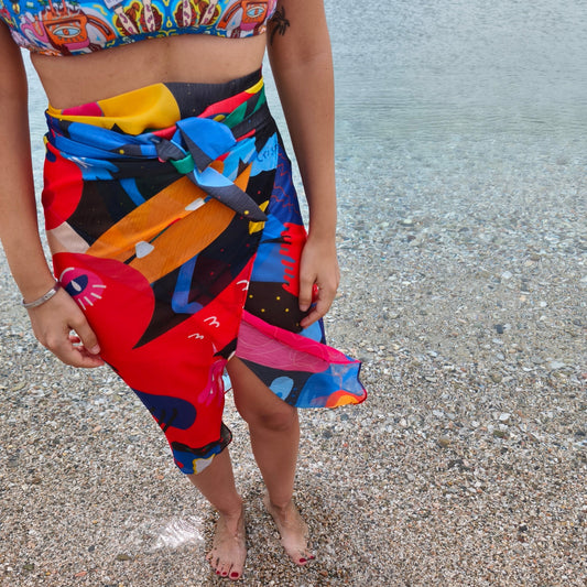 Pareo with belt Red & Black